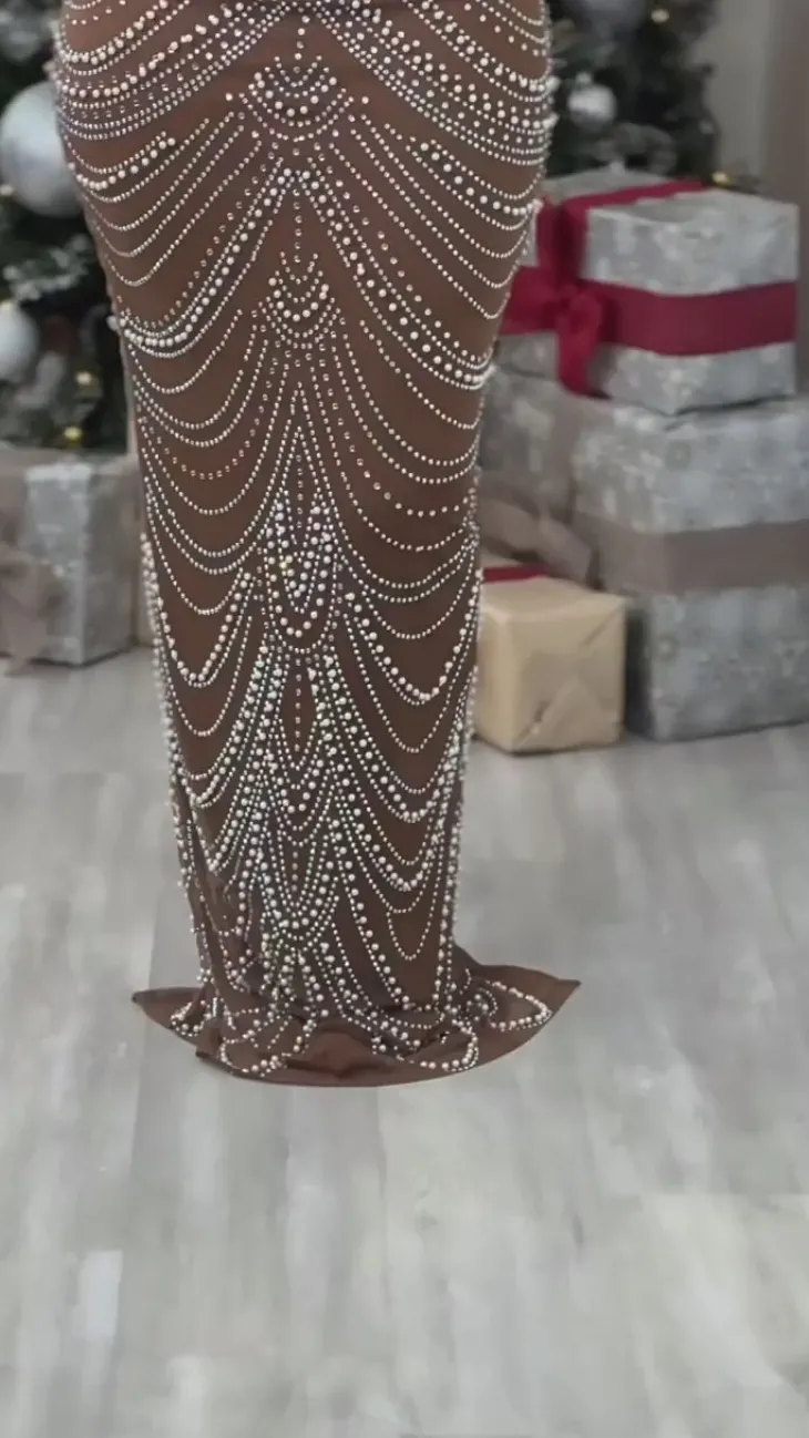 Strappy Rhinestone Mesh Maxi Dress