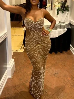 Strappy Rhinestone Mesh Maxi Dress
