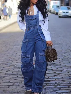 Street Style Multi-Pocket Loose Denim Jumpsuit
