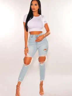Stretchy Mid Waist Skinny Ripped Distressed Denim Jeans