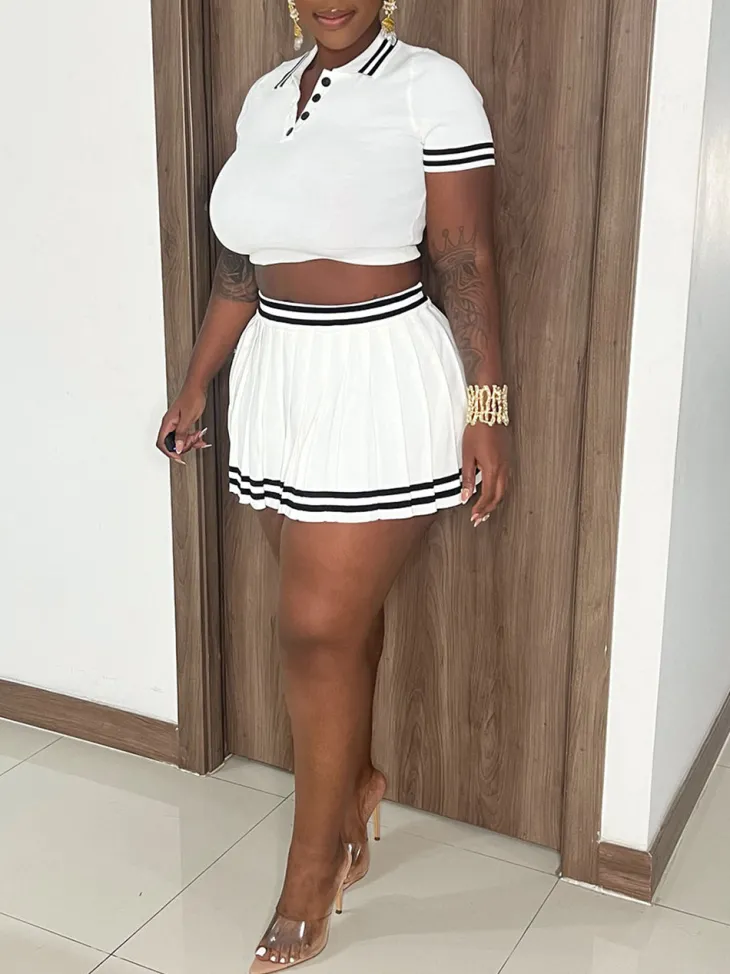 Stripe Knit Polo Crop Top Pleated Skirt Set