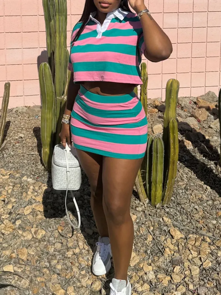 Striped Contrast Crop Top Skirt Set