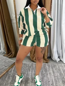 Striped Polo Crop Top Shorts Set