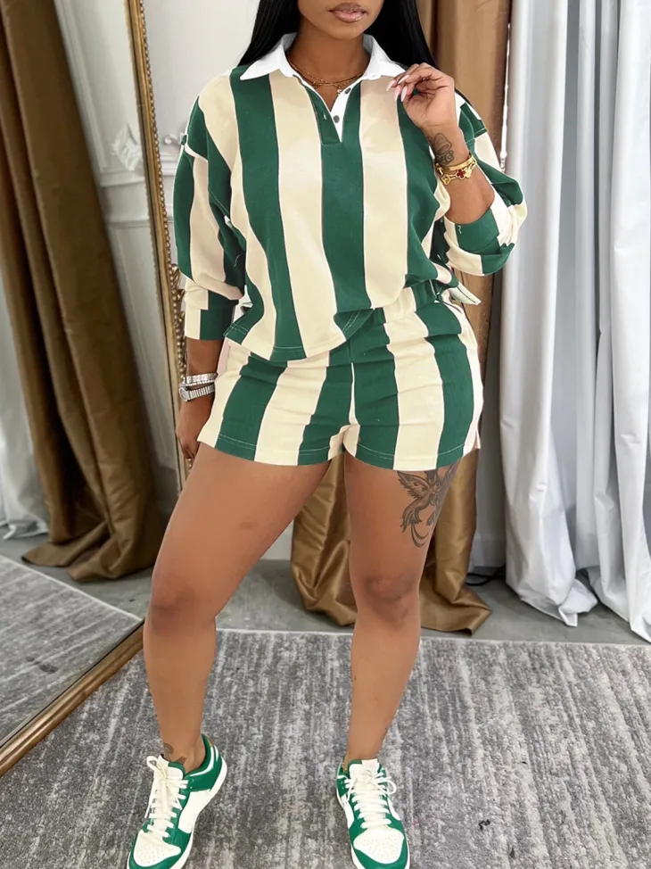 Striped Polo Crop Top Shorts Set