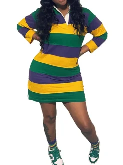 Striped Print Polo Collar 3/4 Sleeve Mini Dress