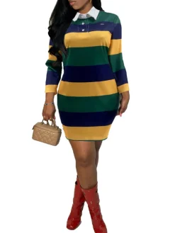 Striped Print Polo Collar 3/4 Sleeve Mini Dress