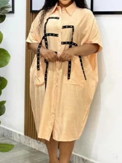 Studded Trim Oversized Shirt Midi Dress