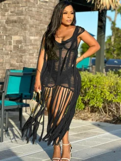 Tassel Hollow Out Fringed Beach Maxi Dress