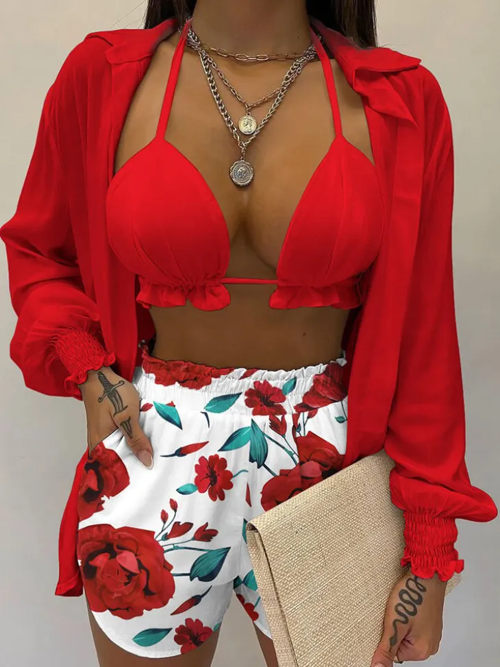 Three Piece Long Sleeve Ruffle Short Set