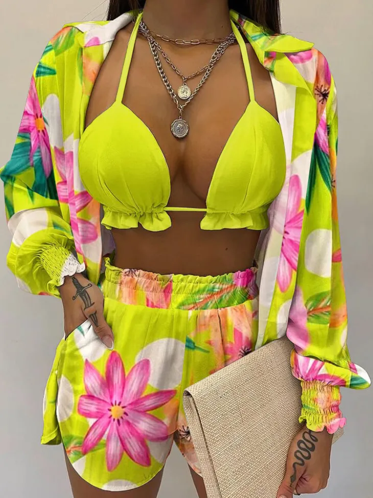 Three Piece Long Sleeve Ruffle Short Set