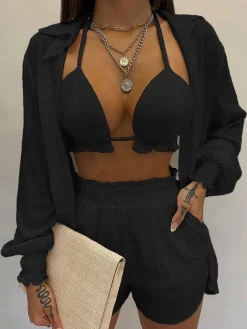 Three Piece Long Sleeve Ruffle Short Set
