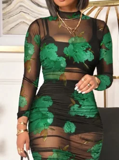 Three Piece Mesh Midi Dress Short Set