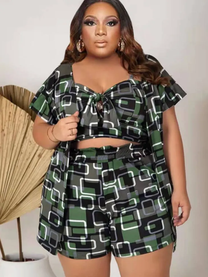 Three Piece Short Sleeve Floral Print shorts Set