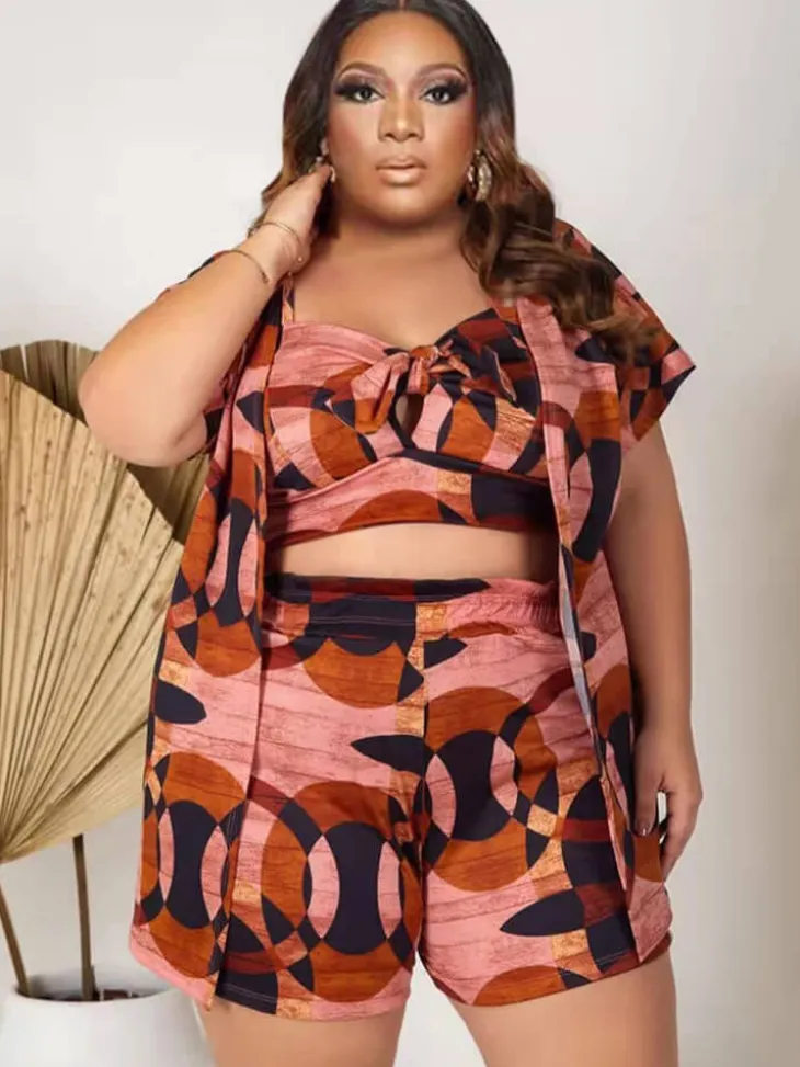 Three Piece Short Sleeve Floral Print shorts Set