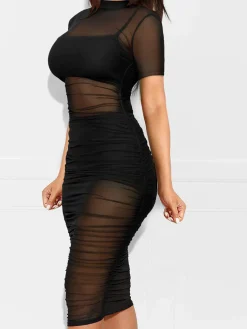 Three Piece Short Sleeve Mesh Ruched Midi Dress
