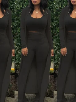 Three Pieces Set Crop Top Long Kimono Cardigan Pants