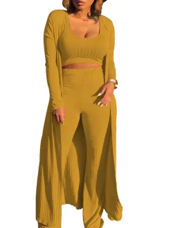 Three Pieces Set Crop Top Long Kimono Cardigan Pants