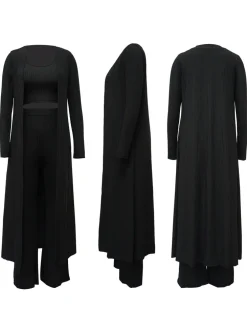 Three Pieces Set Crop Top Long Kimono Cardigan Pants