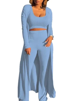 Three Pieces Set Crop Top Long Kimono Cardigan Pants