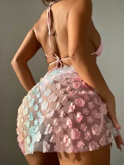 Three-Piece Halter Floral Mesh Skirt Swimsuit Set