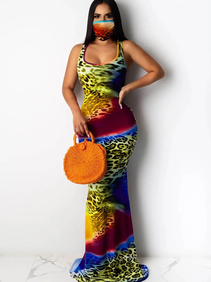 Tie Dye Leopard Print Square Neck Sleeveless Maxi Dress