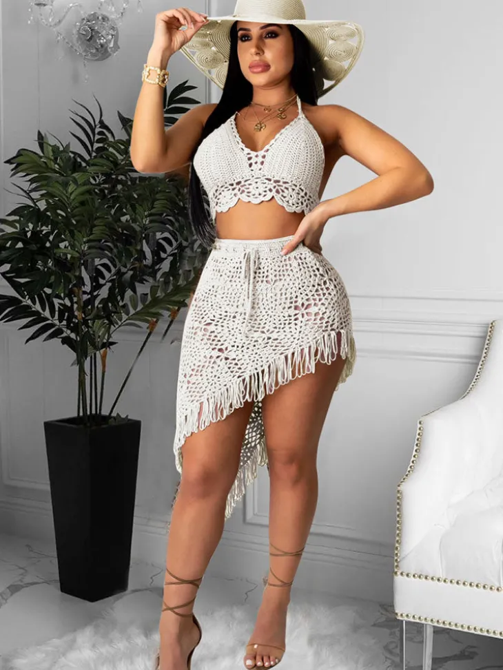 Two Piece Asymmetrical Knit Tassels Swimsuit
