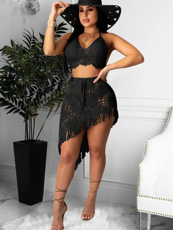Two Piece Asymmetrical Knit Tassels Swimsuit