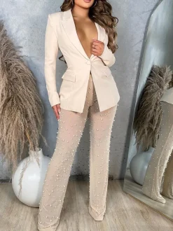 Two Piece Blazer Mesh Beaded Pants Set