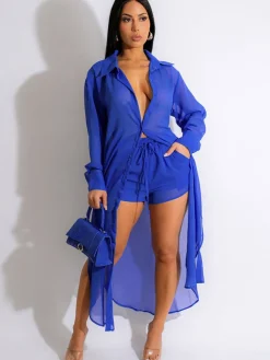 Two Piece Chiffon Long Sleeve Top Shorts