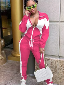 Two Piece Color Block Zip Up Top Long Pants