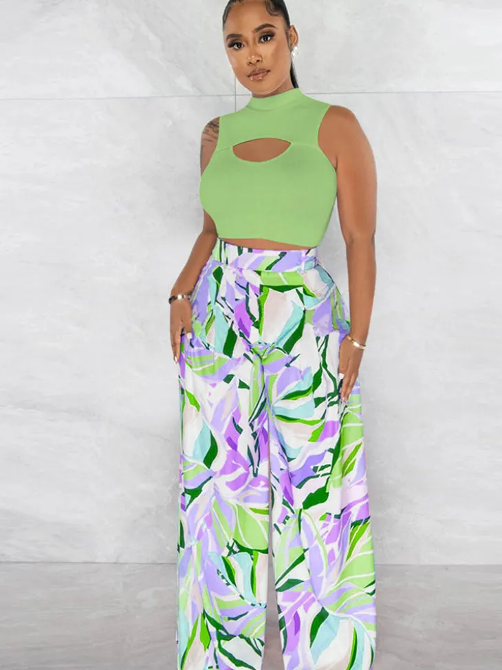 Two Piece Crop Top Floral Print Long Pants