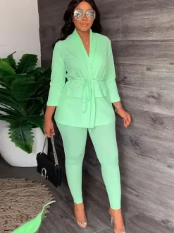 Two Piece Drawstring Blazer Bodycon Long Pants