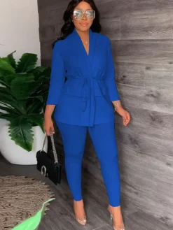 Two Piece Drawstring Blazer Bodycon Long Pants