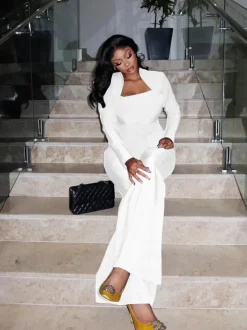 Two Piece Flare Long Sleeve Top Pants Suit