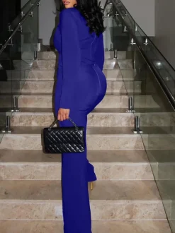 Two Piece Flare Long Sleeve Top Pants Suit