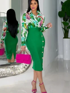 Two Piece Floral Print Shirt Midi Skirts