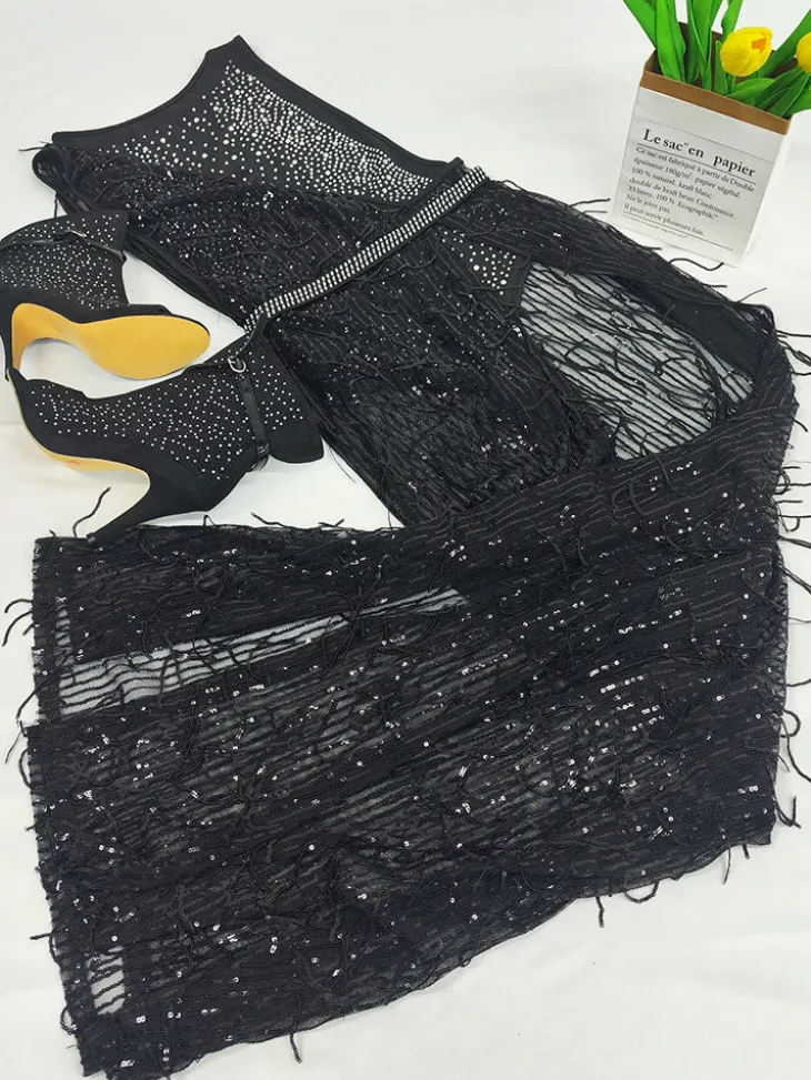 Two Piece Giltter Rhinestone Mesh Outfits