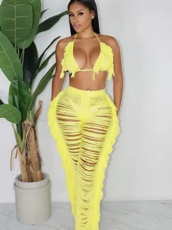 Two Piece Halter Tassel Top Bodycon Pants