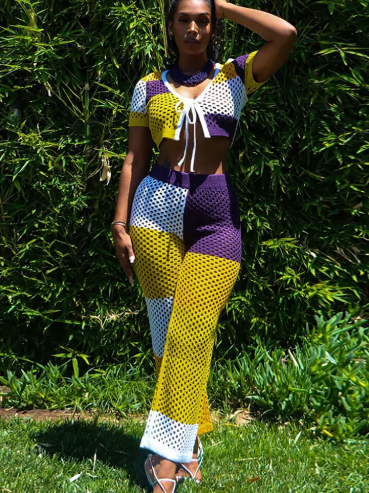 Two Piece Hollow Out Short Sleeve Crop Top Pants