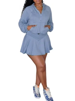 Two Piece Hoodie Crop Top Skirt Set