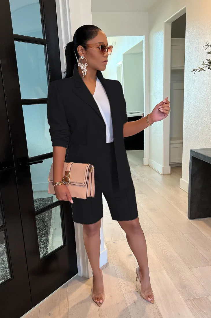 Two Piece Long Sleeve Blazer Shorts Pant Set
