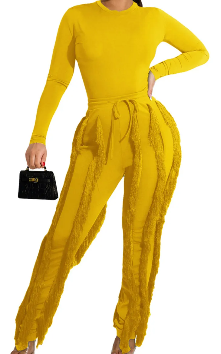 Two Piece Long Sleeve Top Tassel Pants