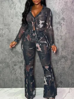 Two Piece Mesh Print Shirt Pants Set