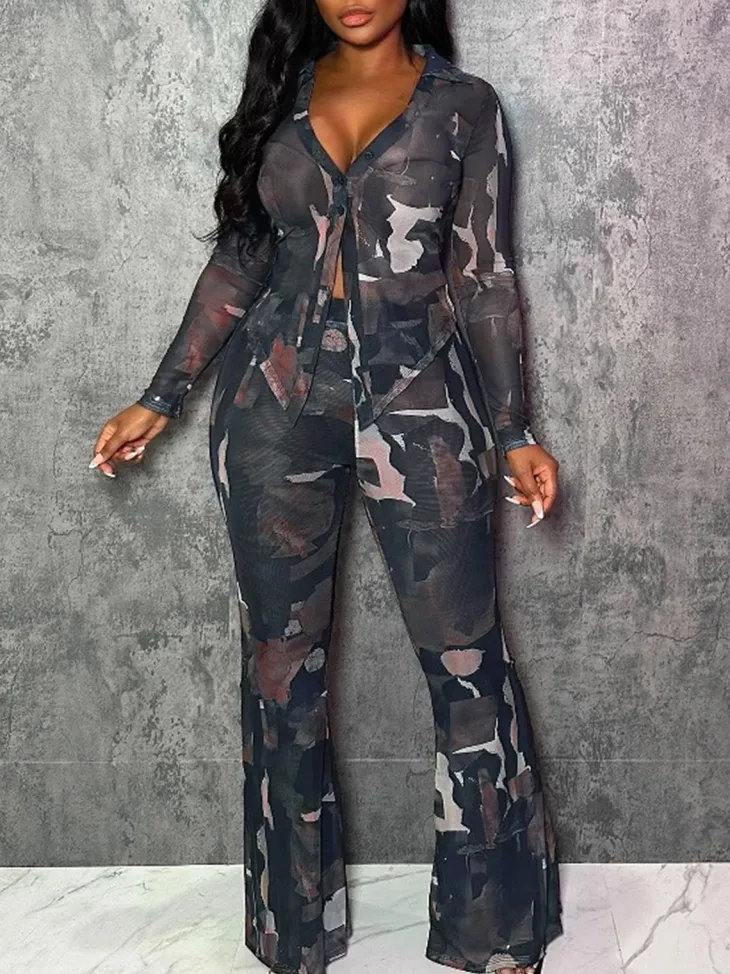 Two Piece Mesh Print Shirt Pants Set