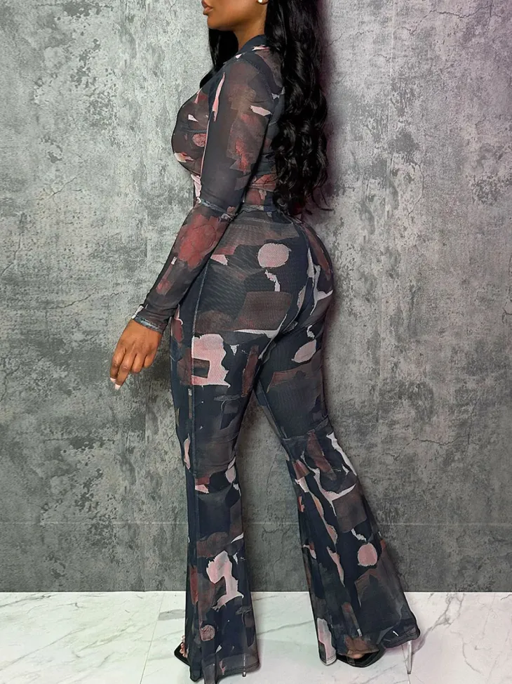 Two Piece Mesh Print Shirt Pants Set