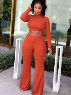 Two Piece Mock Neck Top Long Pants Outfits