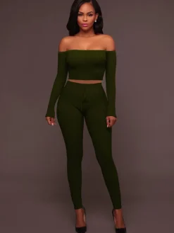 Two Piece Off Shoulder Crop Top Skinny Pants Set