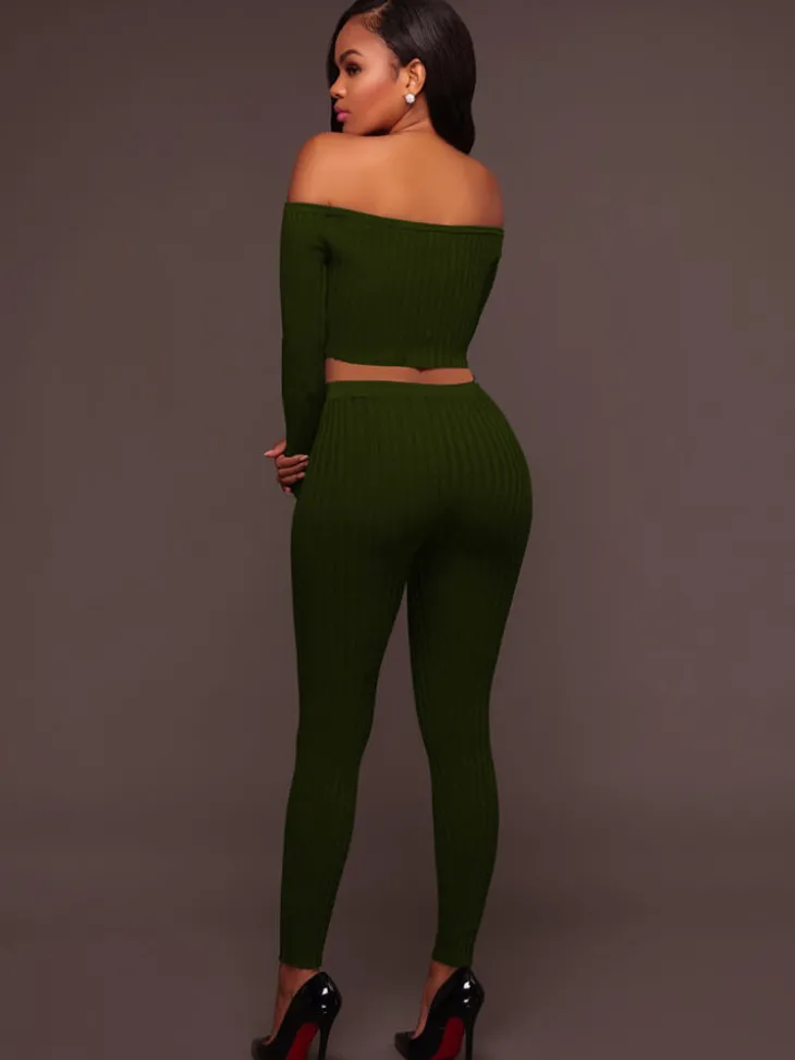 Two Piece Off Shoulder Crop Top Skinny Pants Set