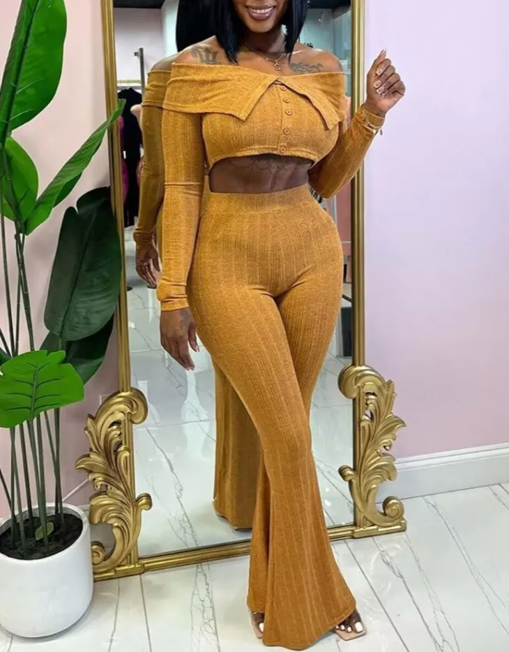 Two Piece Off Shoulder Top Flare Pants