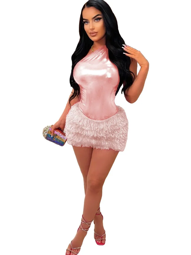 Two Piece One Shoulder Feather Skirt Suit